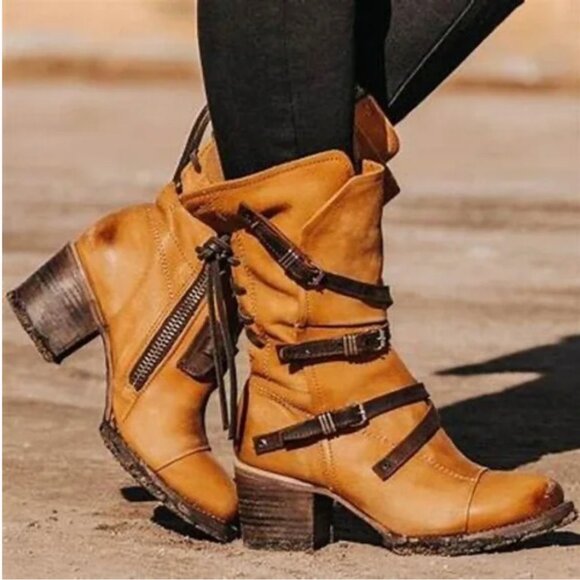 FREEBIRD Cora Genuine Leather Tan Brown Straps Silver Hardware Boots Size 9 - Picture 1 of 11